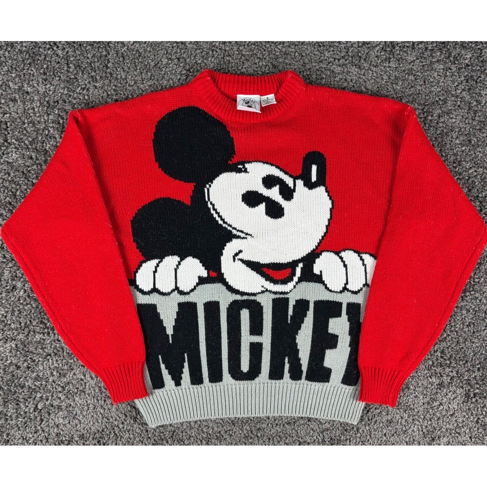 Vintage 90s Mickey & Co J.G. Hook Red Knit Spellout Mickey Mouse Sweater Small